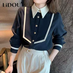 Blusa de manga larga con cuello de Polo para mujer, camisa de pana Vintage con botones de retales, elegante, a la moda, combina con todo, otoño