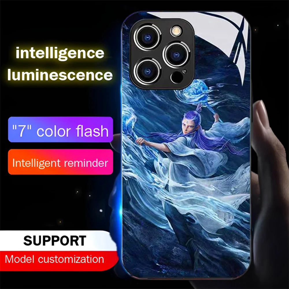 No.1 Mondo Del Fumetto NeZha HA CONDOTTO LA Luce Bagliore Luminoso Cassa Del Telefono In Vetro Temperato Per Samsung S25 S24 S23 S22 S21 S20 FE Più Ultra