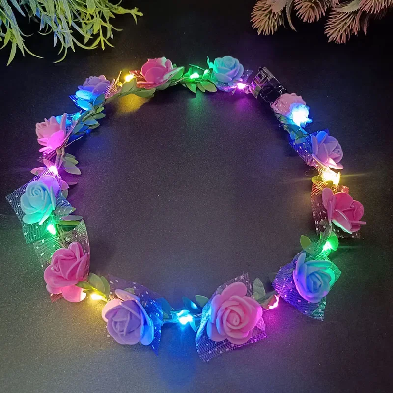 Romantic Glowing Wreath LED Light Rose Flowers Hairband Headpiece for Wedding Party Girl Birthday Favor Luminous Hair Garland