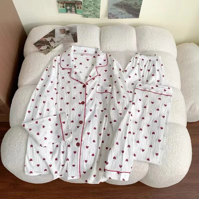 Sweet Ms. Korean Version of The Colorful Polka Dots Cute Bubble Wrinkled Pajamas Home Wear   Female Long-sleeved Pants Girl Suit