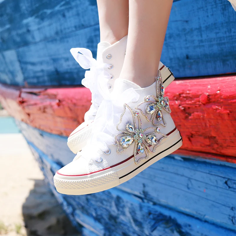 Women Casual Sneakers Fashion Big Bow Canvas Shoes Lady Rhinestone Brand High Top Flat Size 35-44