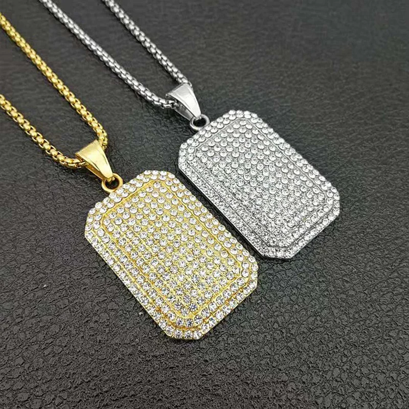 Stainless Steel Geometric Square Dog Tag Pendant Necklace Full Rhinestone Paved Bling Iced Out Men Hip Hop Rapper jewelry Gift