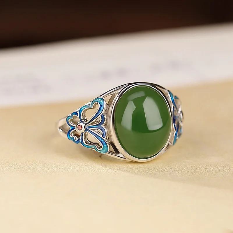 Classic Silver 925 Hollow out Butterfly Ring Natural Hotan Jade Green Oval rings for women Fashion Retro Wedding Jewelry