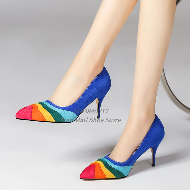 

Rainbow Color Suede Patchwork Pointed Toe Chunky Heel Stiletto Pumps Shallow Mouth Slip On Women's Classic Dress Shoes