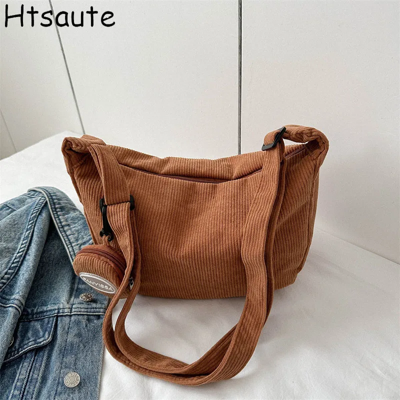 Corduroy Large Capacity Hobos Single Shoulder Bag Y2K Student Casual Shopping Bags School Book Laptop Pouch Messenger Side Bag