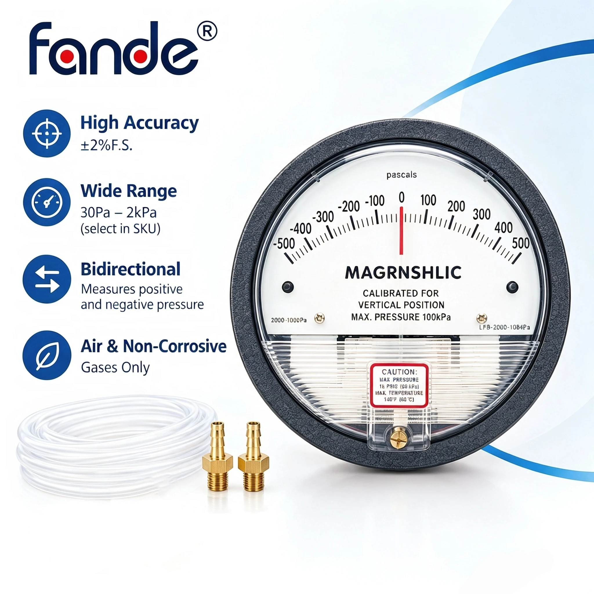 Micro Differential Pressure Gauge 30Pa-2kPa HVAC Manometer Bidirectional Filter Fan Blower 1/8" NPT 2%