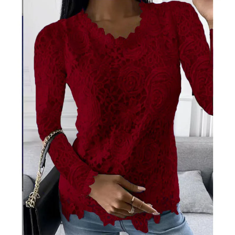 Elegant Fashion Solid Color Lace Spliced Long Sleeve Tops Women\'s Clothing Commute Autumn Winter Female Slim Round Neck T-shirt