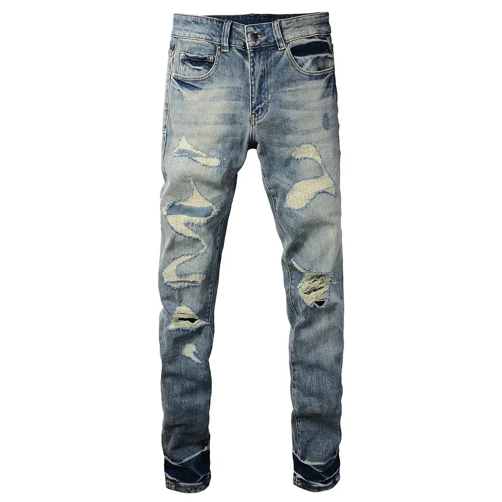 Men Ripped Distressed Skinny Jeans High Stretch Cotton Tapered Denim Pants