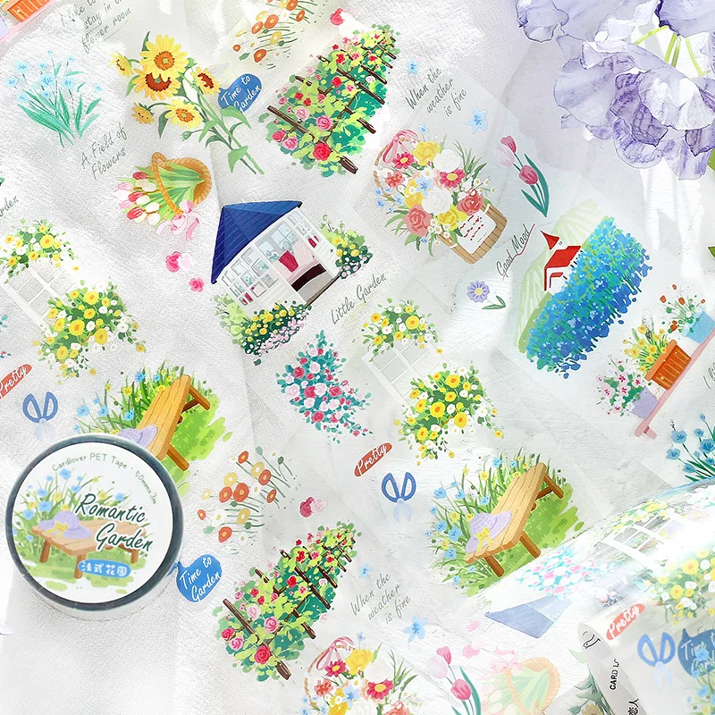 50mm*300cm Vintage Flower Field Travel Landscape PET Tape Creative DIY Journal Material Collage Scrapbooking Stationery