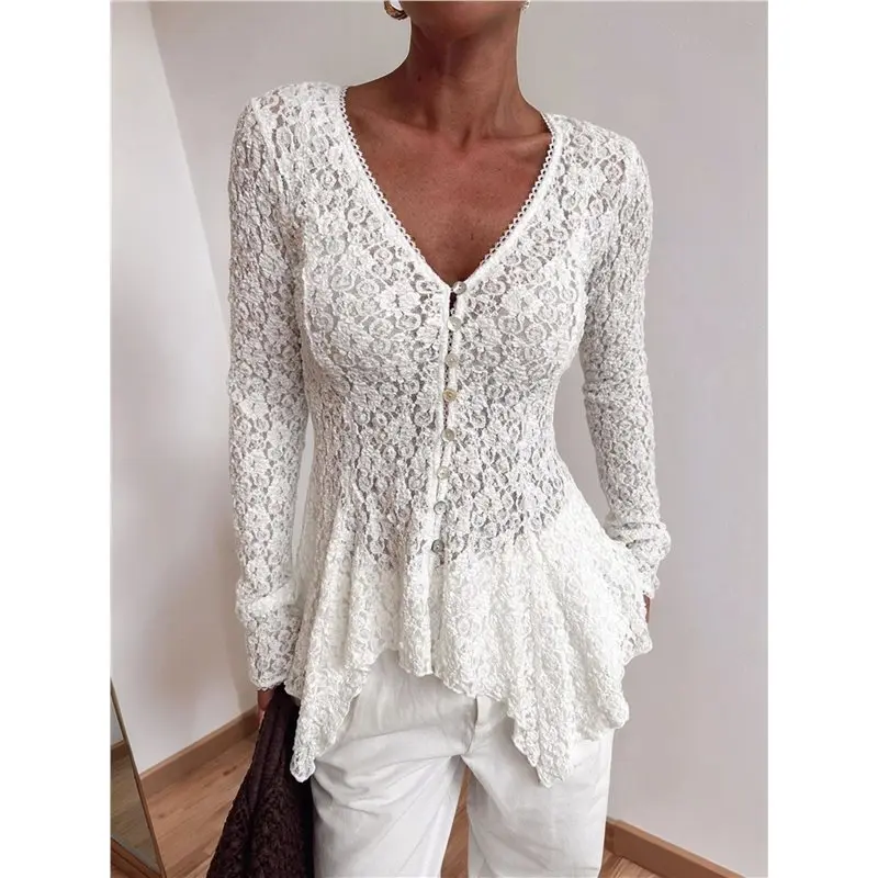 Lace Cardigan For Women Floral Mesh Sheer Bell Long Sleeve Tops Dusters White M view 3