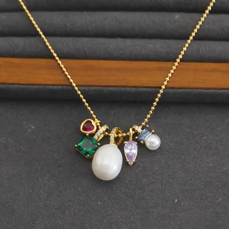 

Fashion Jewelry Cultured Pearl Colored Zircon Multi-element Short Pendant Necklace