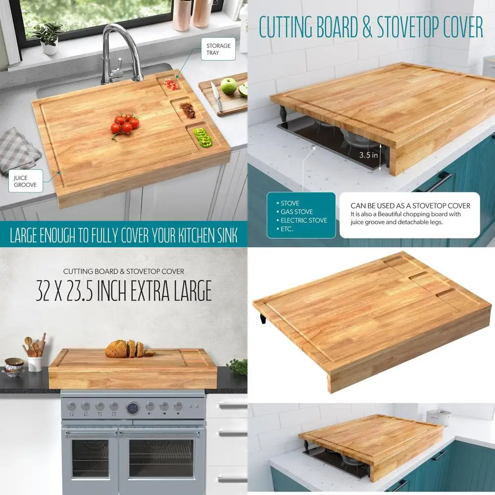 

Extra Large Solid Wood Cutting Board - 2 in 1 Stovetop Cover with Detachable Legs, Juice Groove, and Sink Cover for Kitchen Coun