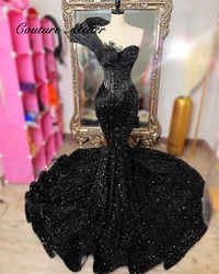 Appealing Black Sequin Mermaid Prom Dresses Luxury Black Girls 2025 Beaded Rhinestones Ruched Shoulder Evening Gowns Customized