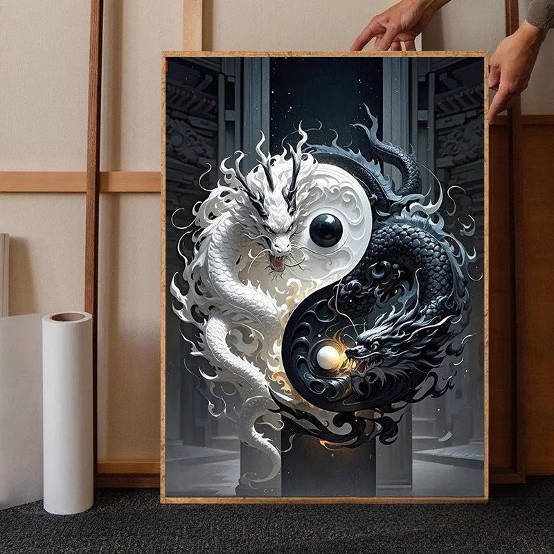 

Printed Cross Stitch 2026 New Double Dragon Tai Chi Yin Yang Pattern Semi-Finished Diamond Self-Esteem Embroidery Kit