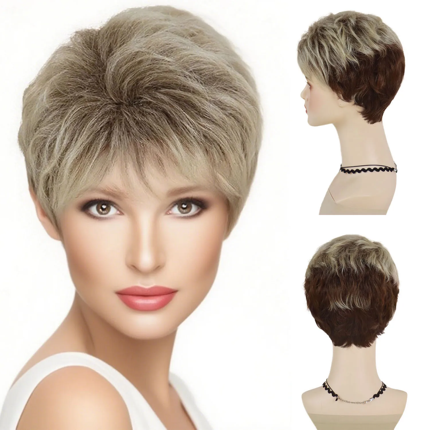 

Synthetic Ombre Blonde Wigs for Women Short Hair Mom Wig with Bangs Brown Mixed Blond Pixie Cut Wigs Mother Grandma Gift Costume