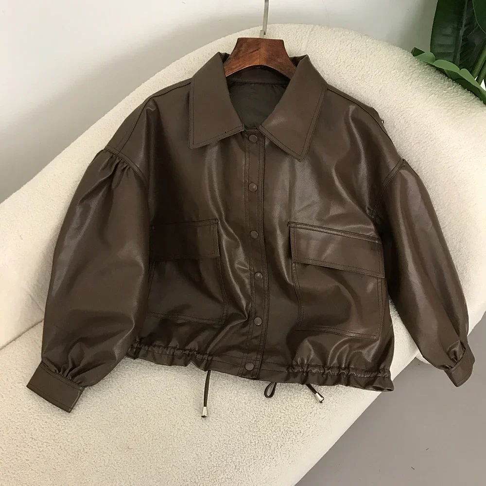 2025 Faux Leather Coat Spring PU bomber jacket Women's Single Breasted Loose Trendy Pleated Lady Lapel Solid Windproof Outwear