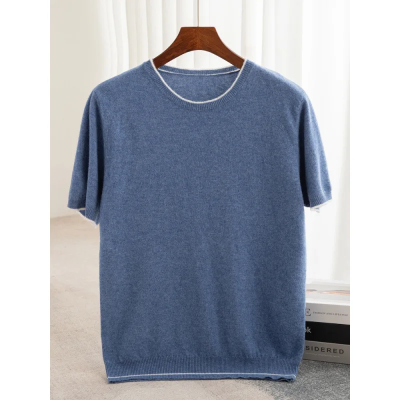 

Осень-зима, новый мужской шерстяной свитер с коротким рукавом и круглым вырезом, цветной блок, свободный пуловер, повседневный вязаный свитер для мужчин