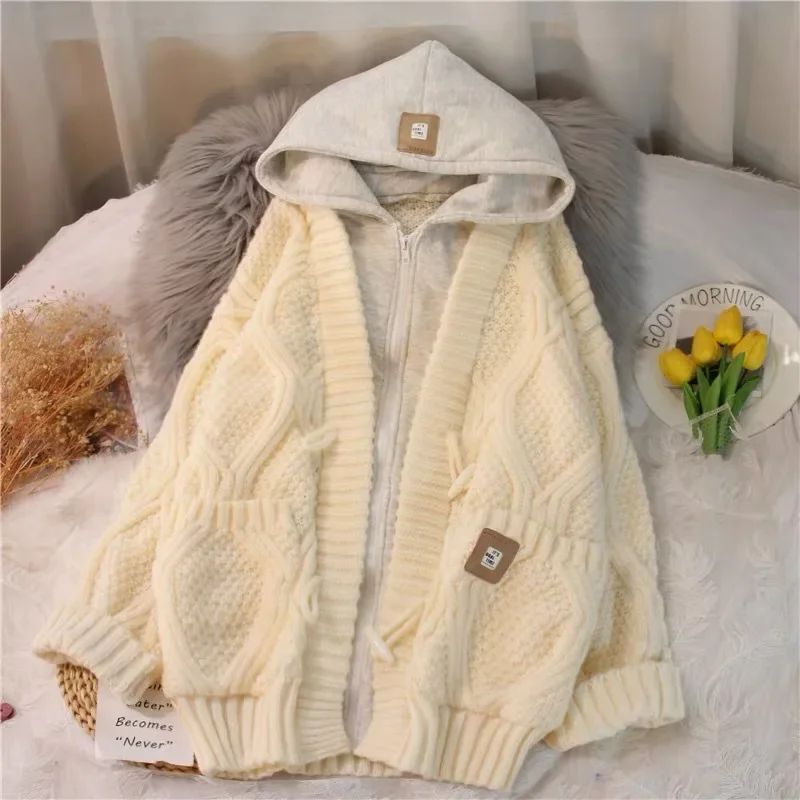 Fake Two-piece Hooded Sweater Coat for Women Chunky Loose Relaxed Mid-length Knitted Cardigan