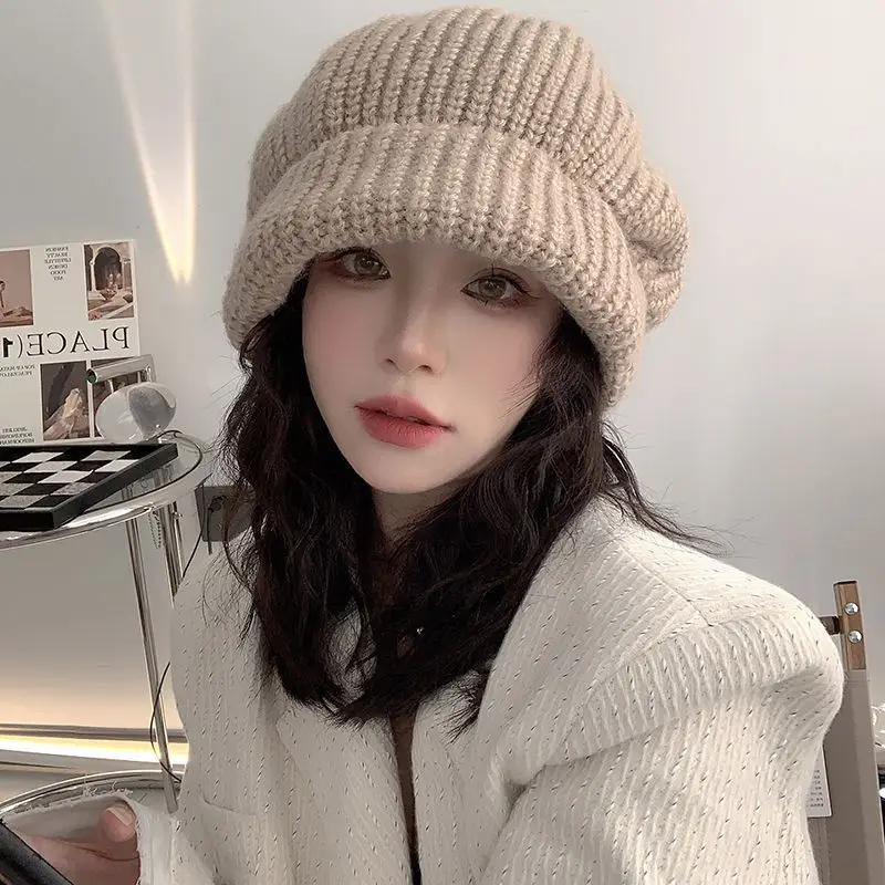 Korean Girl Baggy Knitted Hat Solid Color Slouchy Beanies Soft Wool Crochet Bonnet Winter Warm Women Ear Protection Skullies Cap