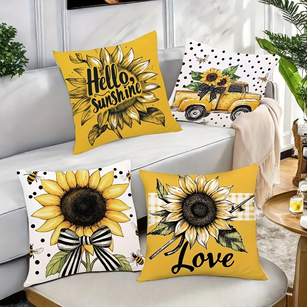Vibrant Sunflower Theme Pattern Home Decor Pillowcase Living Room Sofa Polyester Cushion Cover with Zipper