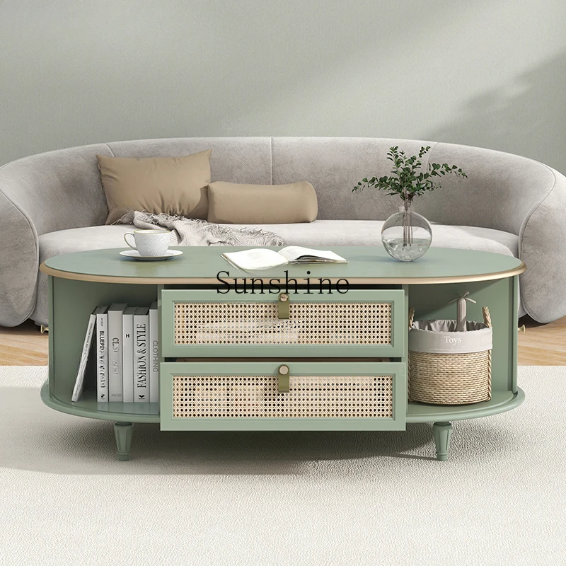 

Natural rattan coffee table living room oval tea table Japanese simple rolling shutter door low table