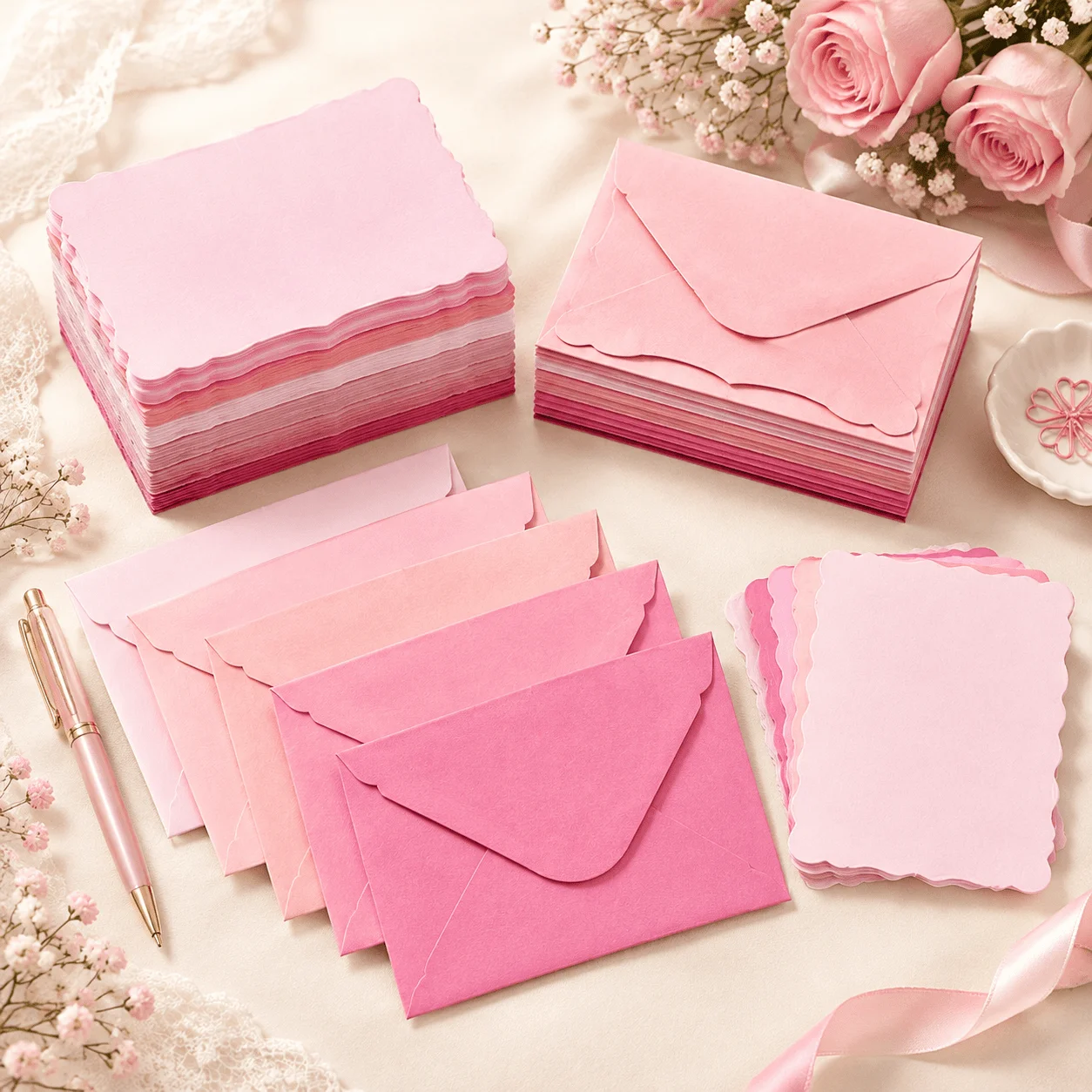 10/20/30/40 Set Pink Envelopes with Matching Cards Scalloped Edge Paper Assorted Pastel Shades Wedding Invitations Greetings TMZ