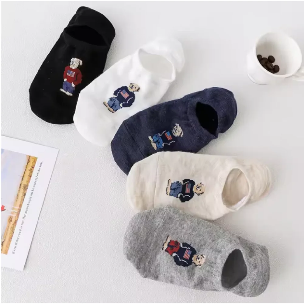 5 Pairs 1 Set Fashion Men's Non Slip Transparent Comfortable Silicone Cotton Ankle Slippers Cartoon Bear Summer Autumn Socks