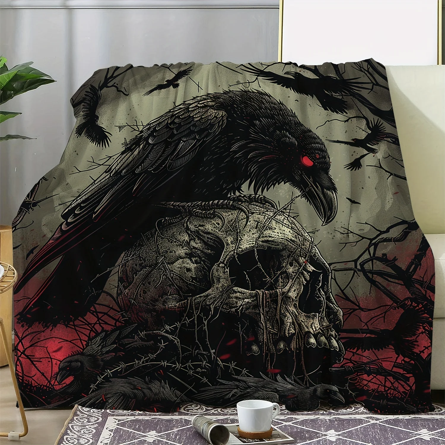 Vintage Black Raven & Skull Halloween Throw Blanket, Soft Warm Cozy All‑Season Multipurpose Blanket for Sofa, Bed, Car, Office