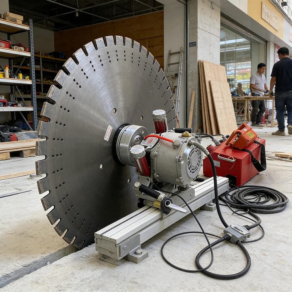 Electric Wall Saw Machine with Track Guide for Straight Line Cutting in Concrete Floor Slab Projects