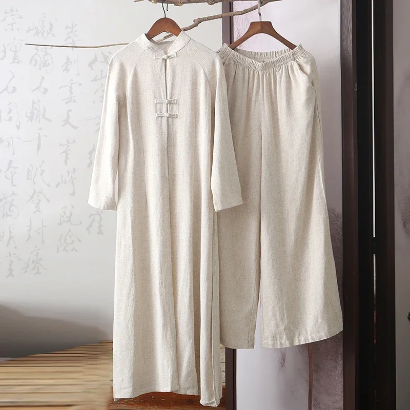 

2024 New Women Chinese Traditional Tang Suit Cotton Linen Robe Pants 2pcs Set Wide Leg Trouser Long Kung Fu Tai Chi Uniform Set