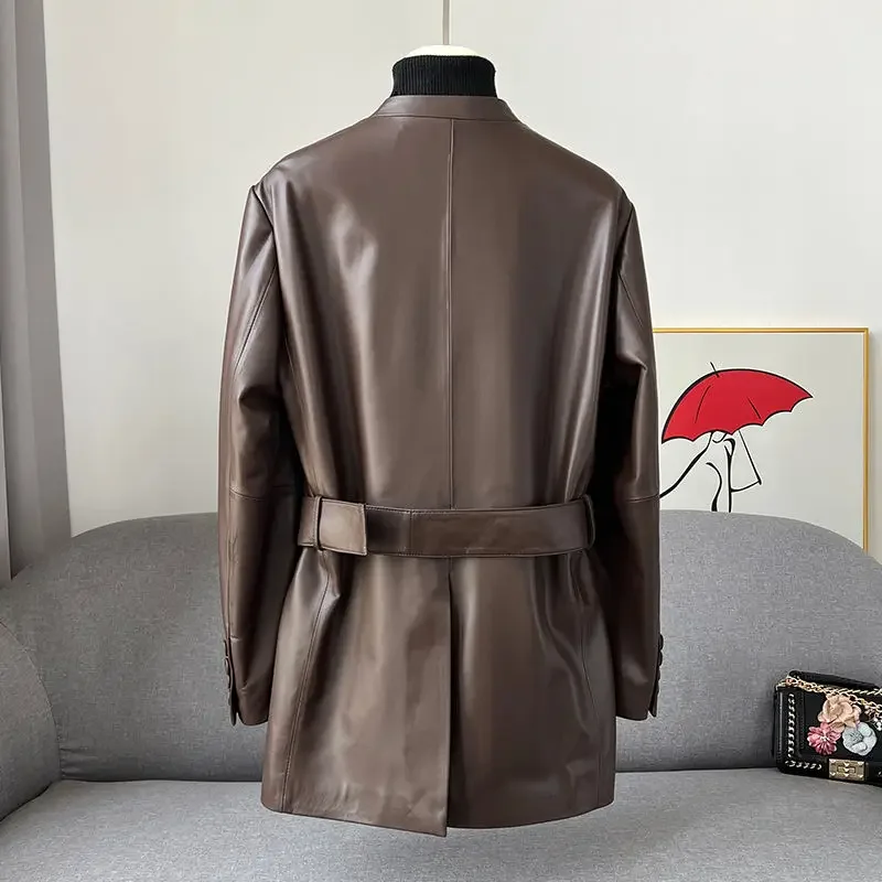 French Elegant Luxury Pu Leather V-neck Long Sleeve Slim Waist Loose Straight Female Jackets Office Ladies Blazer Coats Jackets