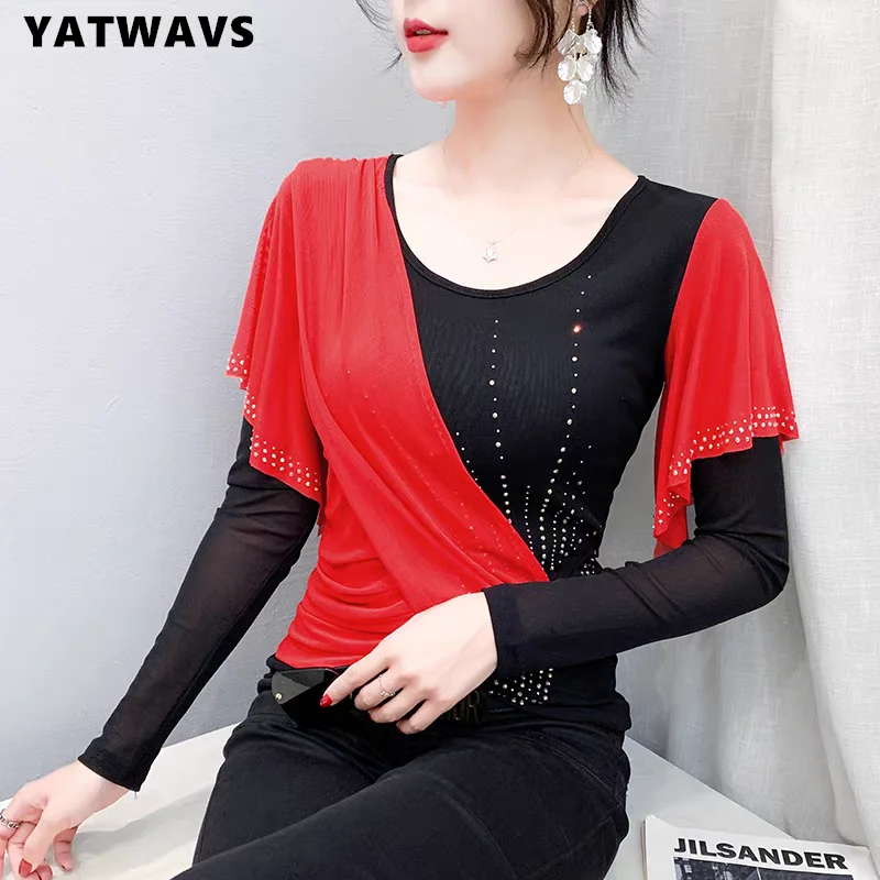 

New Chic Women Patched Ruffles Long Sleeve Mesh T-shirt Elegant O-Neck High Stretch Slim Tops Female Shiny Diamonds Dance Tees