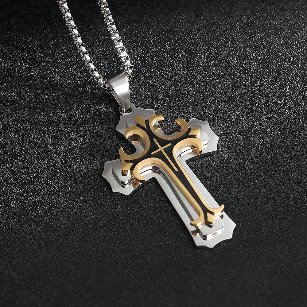 1 Piece of Luxury Layered Cross Pendant Necklace European-American Style with Bold Patterns Triple Layer Crossed Pendant Necklac