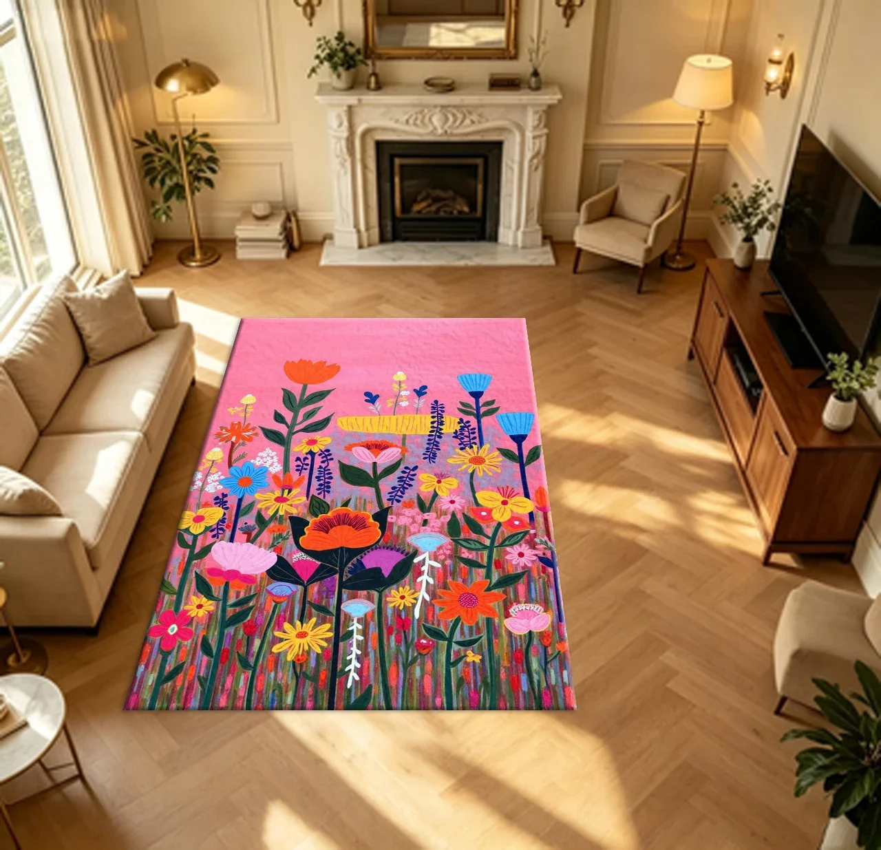 Bright Pink Background Colorful Wildflower Oil Painting Carpet Flooring Boho Floral Art Household Indoor Decor Area Rug