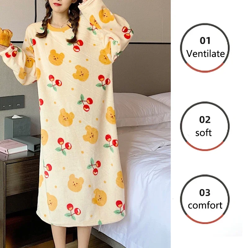 Coral Velvet Nightgown Women Autumn and Winter Thickened Flannel Cartoon Pajamas Raw Mid-Length Nightgown Long-Sleevedwomen