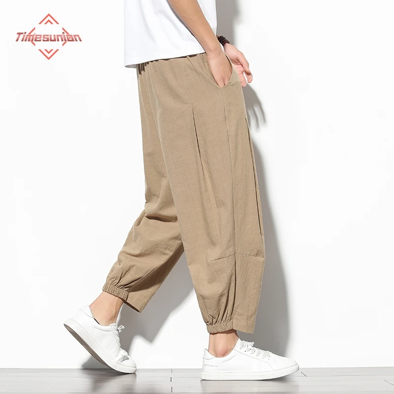 

100% Cotton Summer Casual Pants Man Trendy Chinese Style Cropped Pants Loose Thin Section Pants Men 5xl