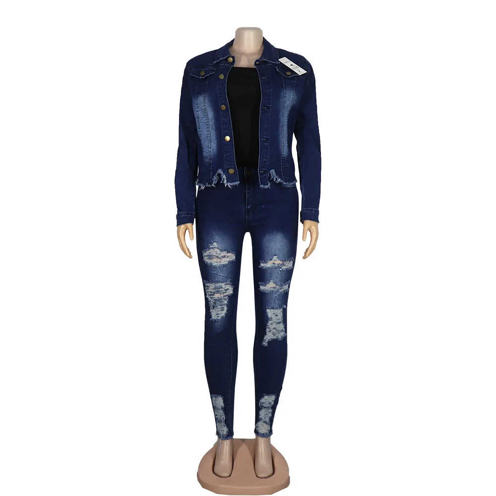Denim Hole Slim Pencil Pant Sets Tracksuit Women Jeans 2 Piece Set Casual Turn Down Collar Long Sleeve Jacket Coat Outfits Vesti