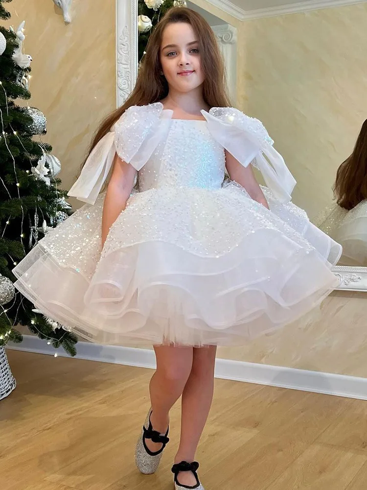 Robes de soirée moelleuses à gros nœud pour filles, tutu de princesse perlé à paillettes blanches, robe de demoiselle d'honneur en tulle à paillettes, 2024