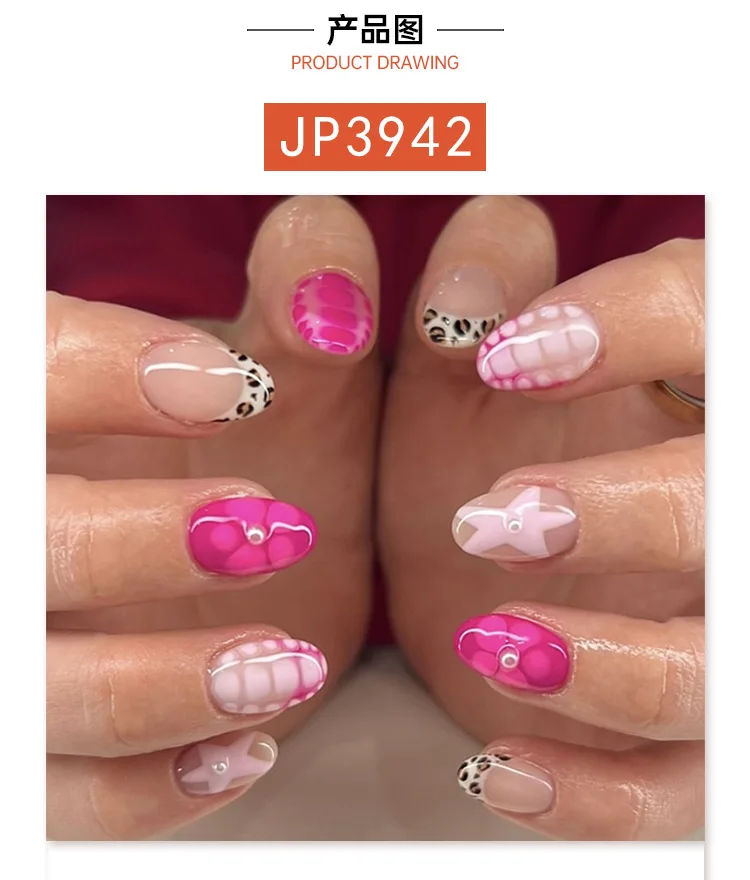 24Pcs Short almond False Nail Rose red flowers stars Wearable Manicure Press ON Nails Solid