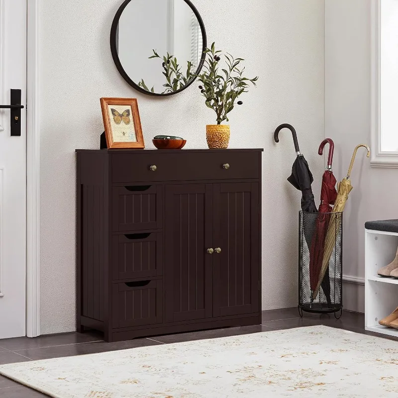 Bathroom Free-Standing Floor Cabinet, Practical Large Storage Cabinet with 4 Drawers and 2 Doors for Kitchen, Entrance Area