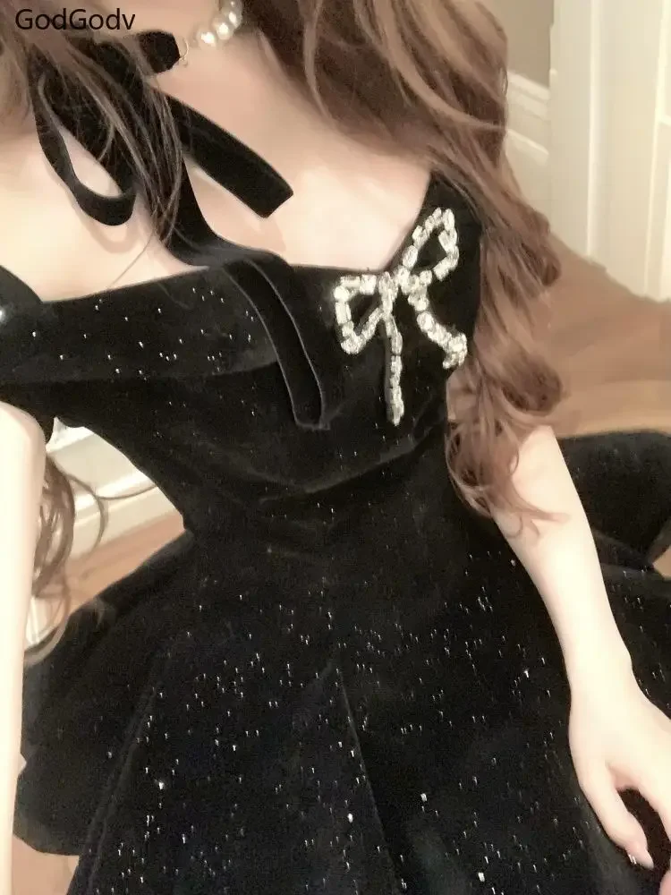 Black French Vintage Elegant Design Woman Dress Gothic Off Shoulder Retro Mini Dress Female Fairy Birthday Party Chic Outfits - Image 3