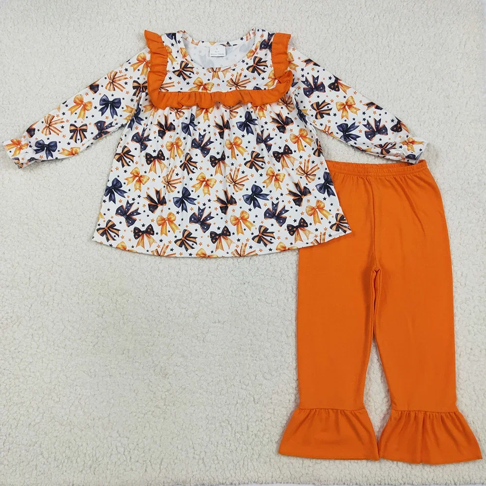 

Hot Sale Baby Girls Clothes Long Sleeve Colorful Bows Stars Tunic Tops Ruffle Pants Sets Fashion Toddler Girls Clothes Outfits