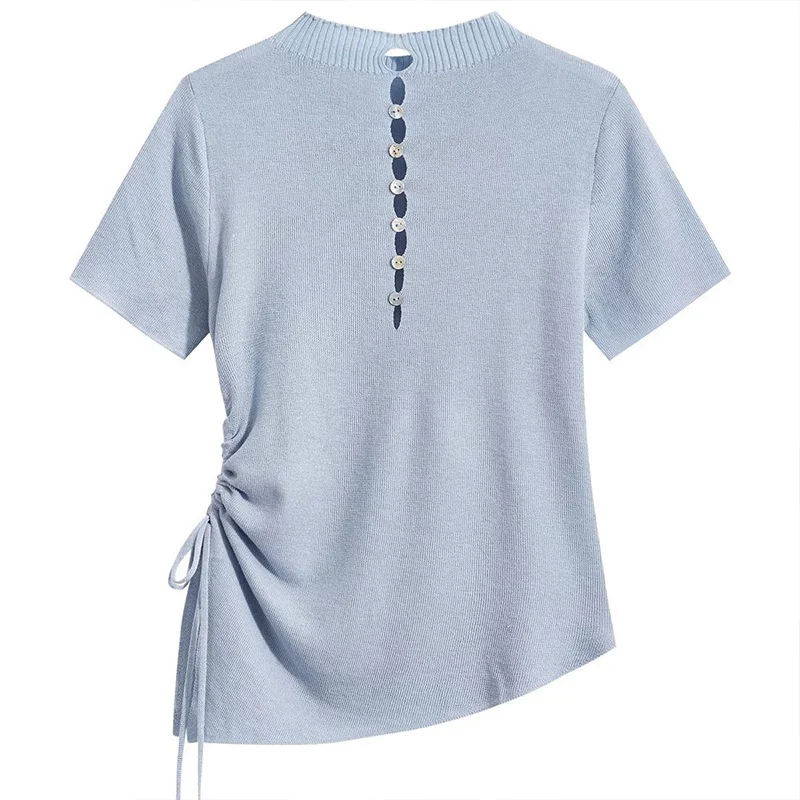 Women's Clothing Lace-Up T-shirt Summer New Slimming Knit Short Sleeve Casual Tees Lady Basic Fashion Waist-cinching O-neck Tops