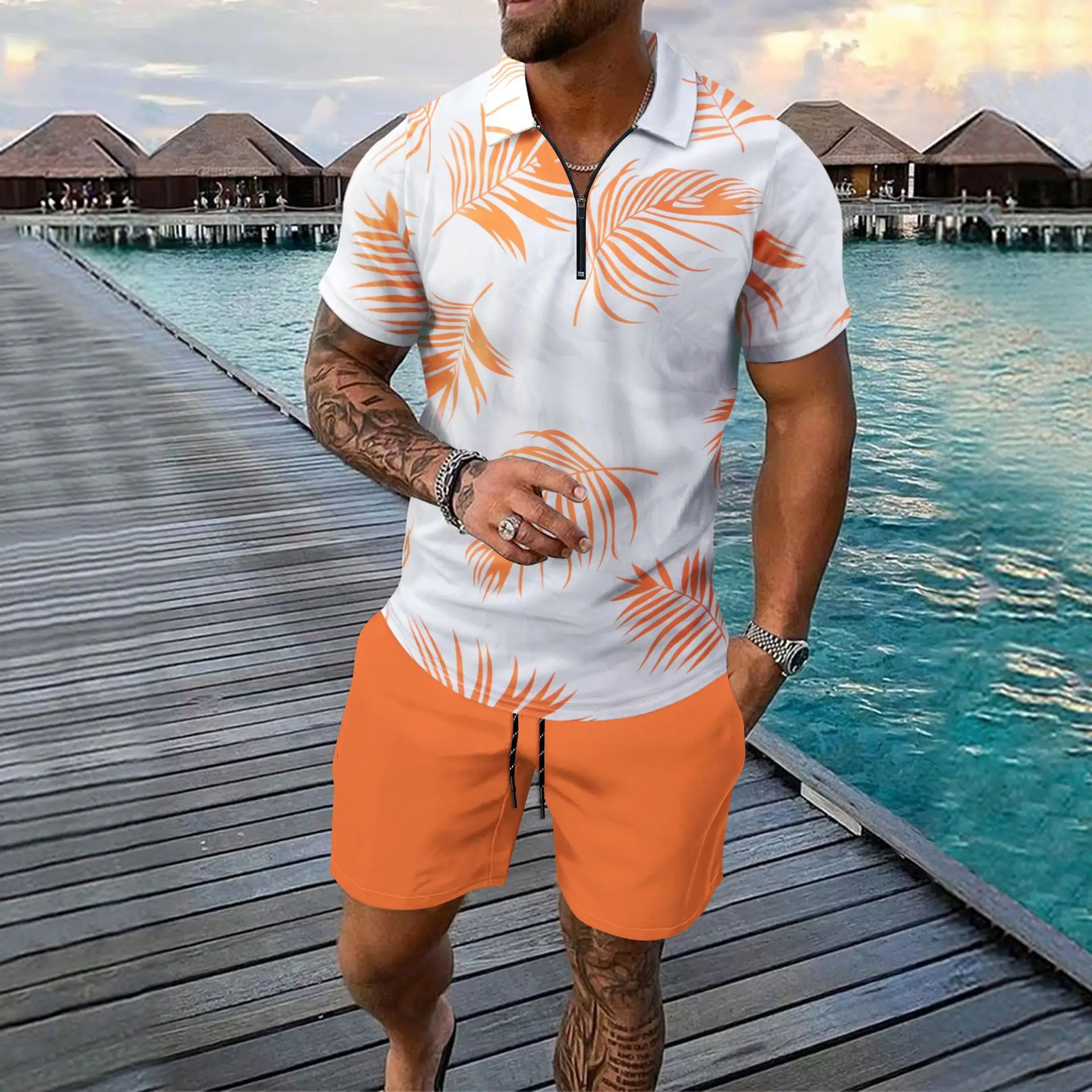 

Men's popular tropical palm leaf pattern polo shirt and shorts set - a casual vacation outfit suitable for beach summer wear