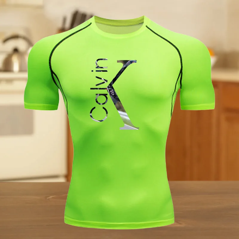تي شيرت للياقة البدنية مريح للرجال للجري جرافيك قابل للتنفس بقصة ضيقة، تي شيرت صيفي للصالة الرياضية والركض والتدريب، بدلة لياقة بدنية مرنة #5