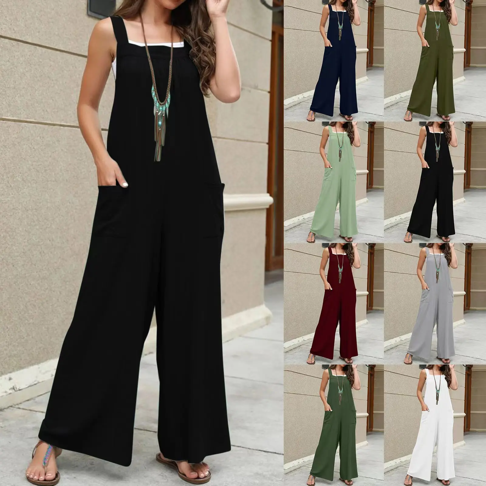 New Women's Cotton Linen Breathable One-piece Pants Solid Color Loose Waist Pockets Sleeveless Back Casual Halter Wide Leg Pants