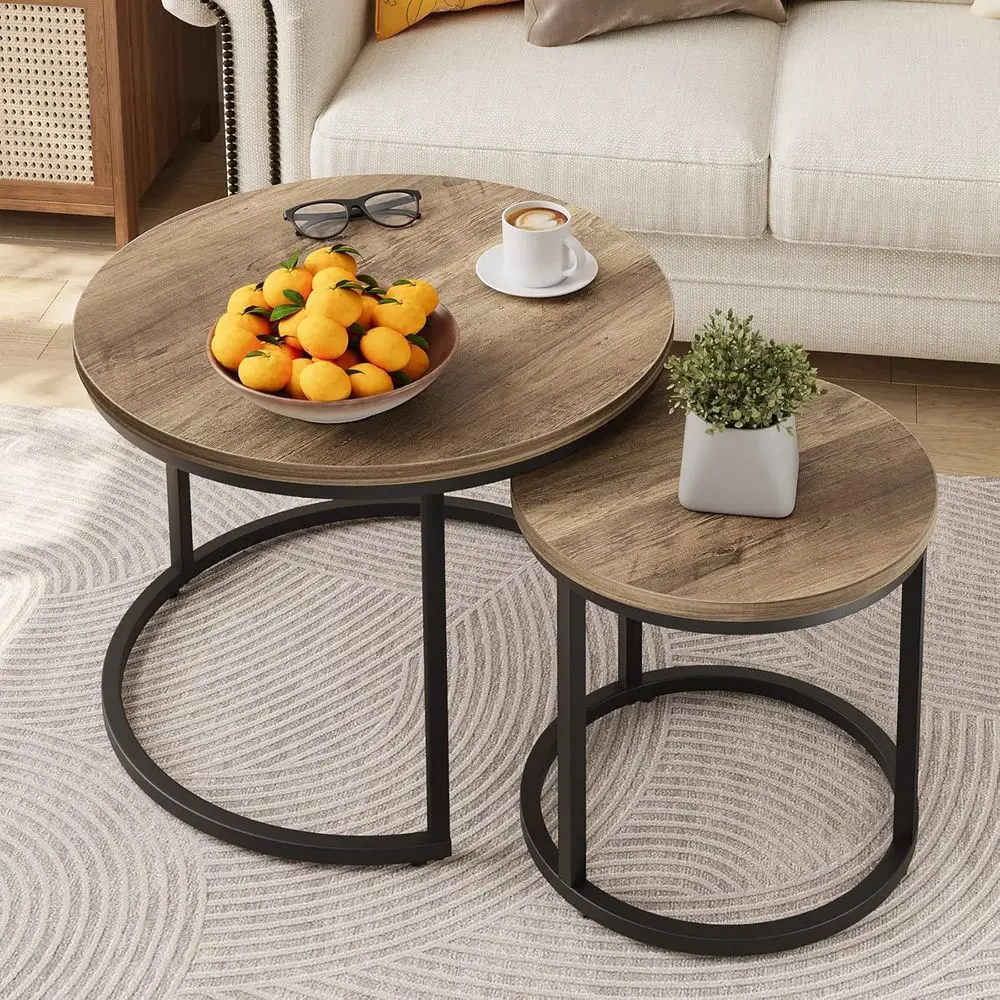 

Round Coffee Table Set of 2, 23.6 Wood-Textured Top with Adjustable Non-Slip Feet, Suitable for Industrial, Living Room, Bedroom