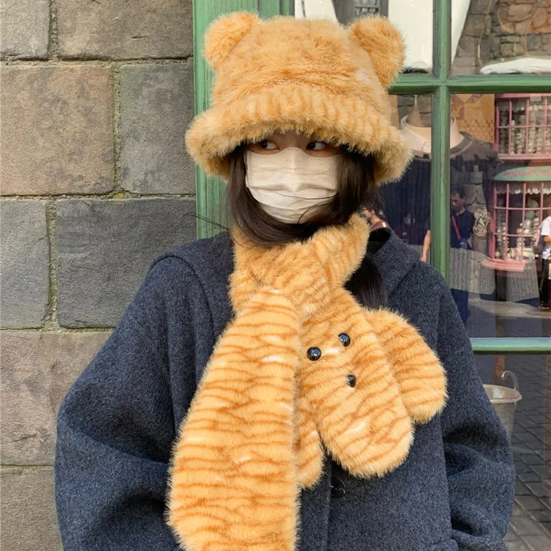 Bear Ears Plush Bucket Hats Winter Hat Scarf Two-piece Set Women Leopard Print Neck Protection Cold Proof Warm Cartoon Scarf