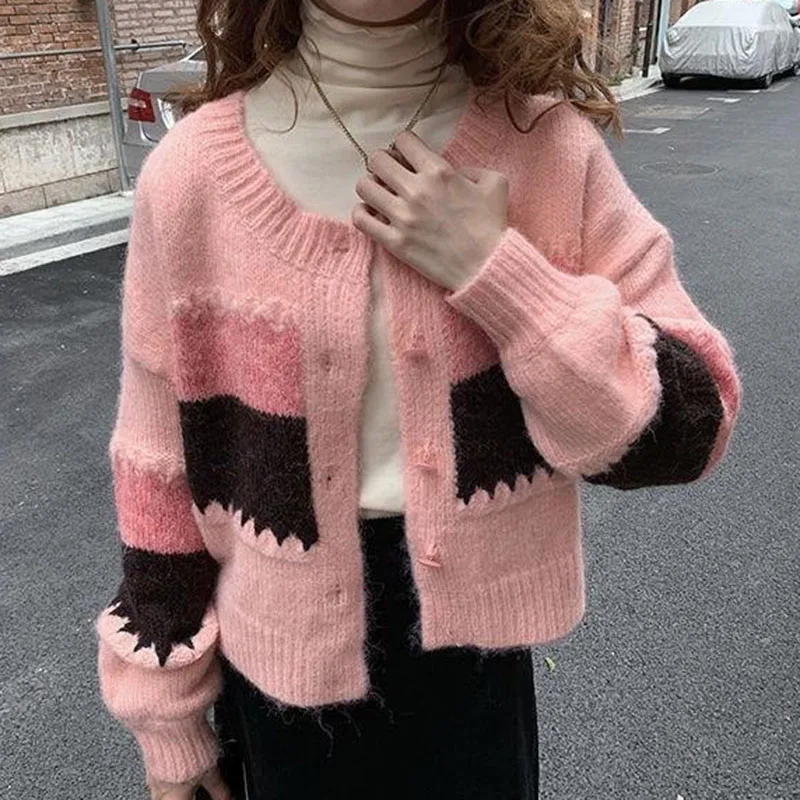 

Woman Streetwear Cropped Knitwear Coat Vintage Contrast Color Knit Cardigans Female Korean Single-Breasted Striped Sweaters