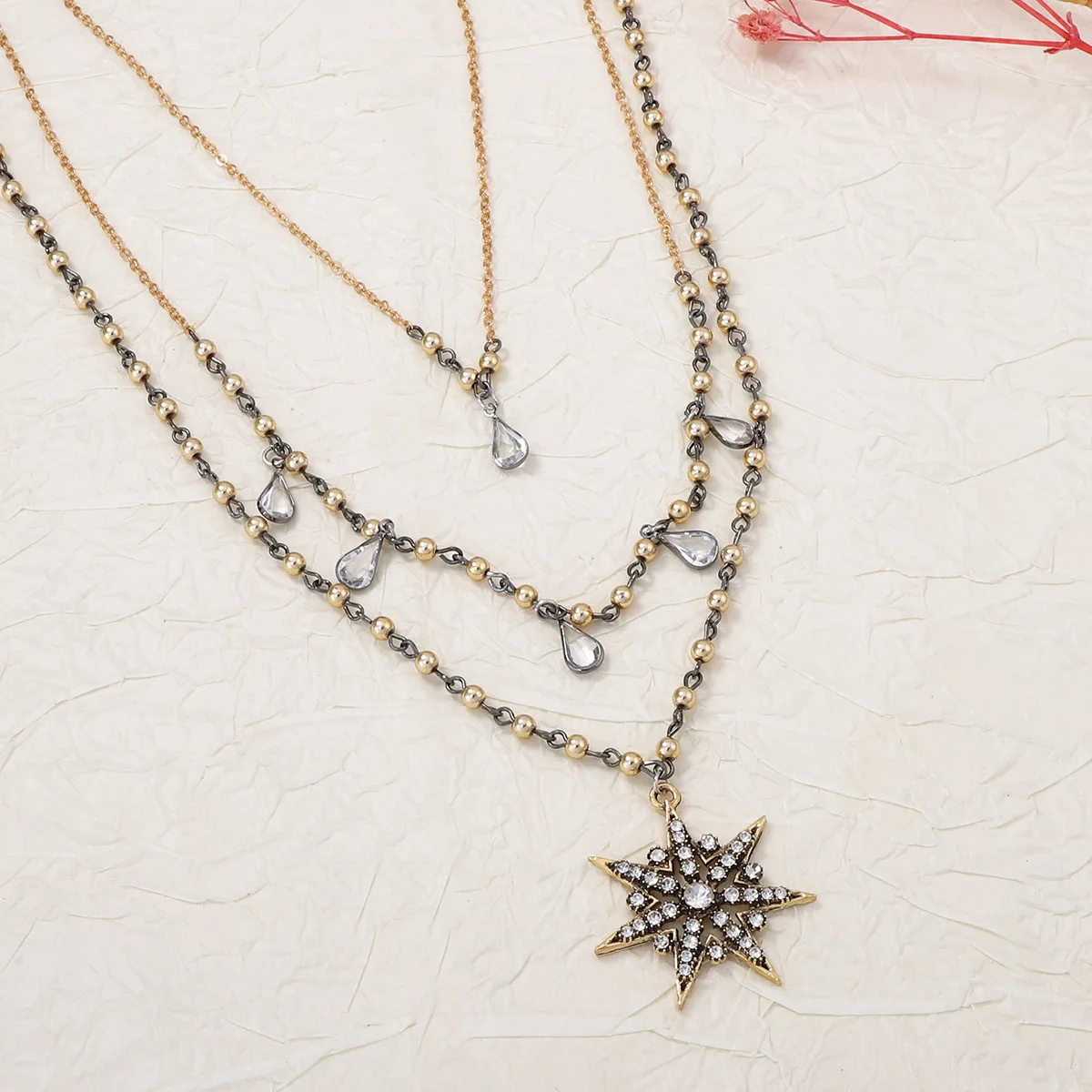 3-teiliges Set Vintage Metallperlen-Ketten Strass-Stern-Anhänger Halsketten für Damen Mode Urlaub Party Schmuck Geschenke – Detail 3